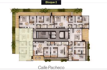 Plano del segundo bloque de un edificio residencial mostrando la distribución de departamentos con áreas verdes alrededor.